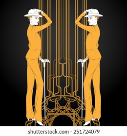 Retro style illustration  of two young beautiful women of 1920s in menswear. Can be used for cards, invitations, wallpapers or  template for design and decoration.