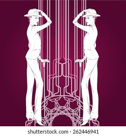 Retro style illustration  of two young beautiful women of 1920s in menswear. Can be used for cards, invitations, wallpapers or  template for design and decoration.
