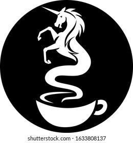 Retro style illustration of a unicorn coming out as a smoke from a hot coffee cup set inside circle on isolated background.