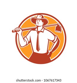 Retro style illustration of an urban farmer looking forward wearing a neck tie and cowboy hat holding a grab hoe on shoulder set inside circle on isolated background.