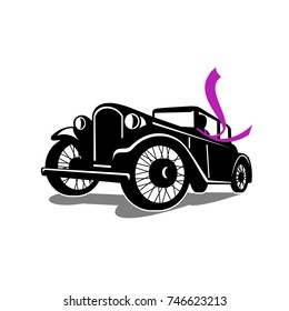 Retro style illustration of Vintage Coupe car automobile with driver wearing Flowing Scarf Retro viewed at a low angle on isolated background.