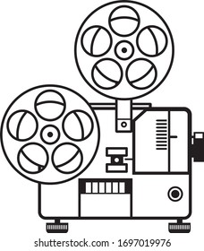 Retro style illustration of a vintage movie film reel projector viewed from side done in black and white on isolated background.