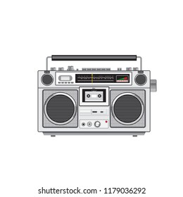 Retro style illustration of a retro vintage portable radio cassette recorder player viewed from front on isolated white background.