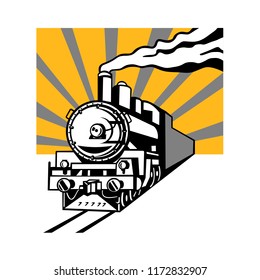 Retro style illustration of a vintage steam engine train or locomotive going towards the viewer with sunburst in background on isolated background.