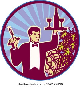Retro style illustration of a waiter serving carrying wine glass and bottle on one hand and corkscrew on the other with wine barrels and grape vine in background set inside circle.