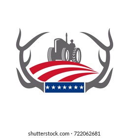 Retro style illustration of a whitetail deer Antler framing a Farm Tractor with American stars and stripes Flag on isolated background.