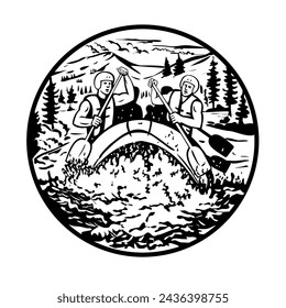 Retro style illustration of whitewater rafting along the Colorado river in Estes Park, Rocky Mountain National Park, United States set inside circle on isolated background done in black and white.