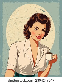 Retro Style Illustration of a Woman Enjoying Coffee