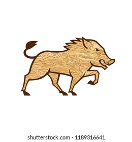Retro style illustration of a wood or wooden boar marching viewed from side with wood grain on isolated background.