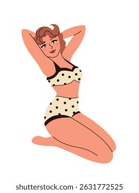 Retro style image. Woman in polka dot swimsuit. Flat vector illustration.