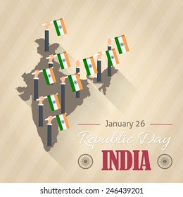 Retro Style India Republic Day 26 January Celebration Card, Background, Badges Vector Template Hands Hold Flag