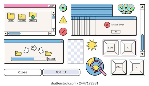 Elementos de interfaz de estilo retro en estética, mensaje de computadora del sistema, diseño nostálgico de la interfaz de usuario de los años 90, carpetas, archivos, nostalgia de los años 90 concepto de tecnología de Ilustración vectorial plana.