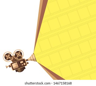 Retro style international movie festival poster template. Cinema festival banner or flyer template for your design. Vintage camcorder with film strip isolated on yellow background.  Movie concept.