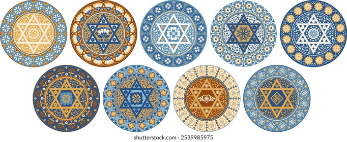 Retro style Judaism round vector mandalas artwork collection. Highly detailed mandala with folk floral motifs and six pointed star. Decoration for events and holidays, print, wall art, packaging