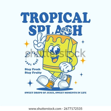 Retro style juice box character in groovy cartoon design, vibrant fruity illustration ideal for vintage t shirts, creative posters, stickers