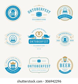 Retro style labels, badges and logos set Beer festival Oktoberfest celebrations text. Vector illustration.