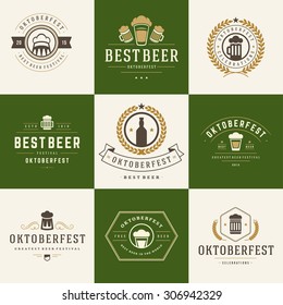 Retro style labels, badges and logos set Beer festival Oktoberfest celebrations text. Vector illustration.