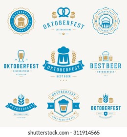 Retro style labels, badges and logos set Beer festival Oktoberfest celebrations text. Vector illustration.