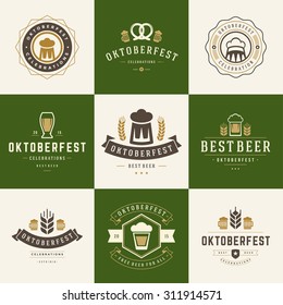 Retro style labels, badges and logos set Beer festival Oktoberfest celebrations text. Vector illustration.