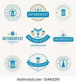 Retro style labels, badges and logos set Beer festival Oktoberfest celebrations text. Vector illustration.