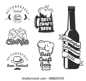 Retro style labels, badges and logos set Beer festival Oktoberfest celebrations text. Vector illustration.  Craft Beer bottle, mug