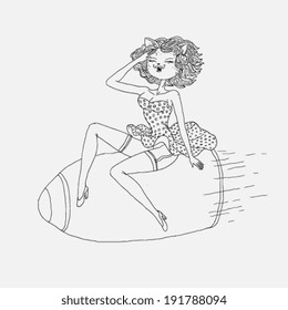 retro style lady cat on a bomb, hand draw doodle vector illustration
