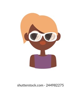 retro style lady character with sunglasses and blonde tail hairstyle, in purple dresses, minimalism cartoon flat style icon, vector art illustration.