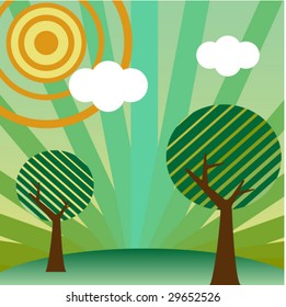 Retro style landscape with tree, sun and clouds