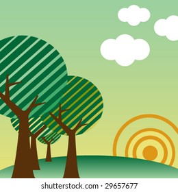 Retro style landscape with tree, sun and clouds