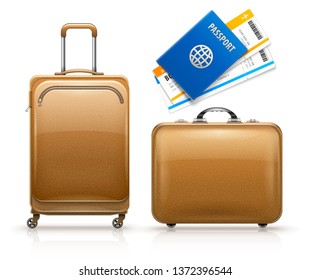 Retro style leather suitcases family set for travel with passport and passengers boarding pass tickets to flight in airplane from airport, isolated white transparent background. Eps10 illustration.