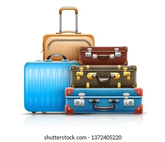 Retro style leather suitcases family set for travel passengers to flight in airplane from airport, isolated white transparent background. Eps10 vector illustration.