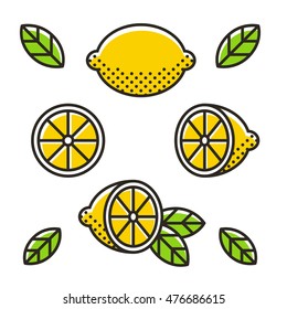 Retro style lemons, line icon set. Whole lemon, slice and leaves. Modern geometric flat vector illustration.