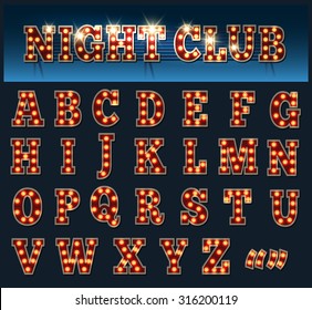 Retro style light bulb alphabet. Capital Letters isolated on dark.