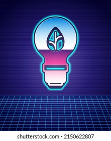 Retro style Light bulb with leaf icon isolated futuristic landscape background. Eco energy concept. Alternative energy concept. 80s fashion party. Vector