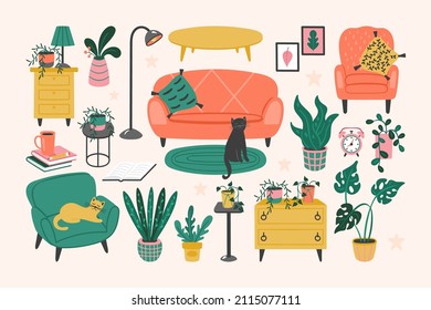 Retro style living room furniture set.  Cute childish hand drawn vector illustration for interior design