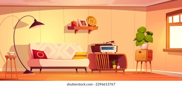 Decoración interior de salón de estilo retro. Dibujo vectorial de un apartamento luminoso de los años 80 amueblado con sofá vintage, cojines de color, lámpara de suelo, reproductor de discos de vinilo antiguo sobre una mesa de madera. Acogedor hogar