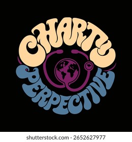 A retro style logo featuring the words Charity and Perspective surrounding a globe and stethoscope, set against a black background.