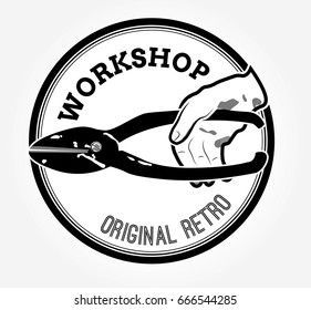 retro style logo with hand and scissors for metal