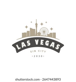 Retro style logo of Las Vegas skyline with ribbon banner