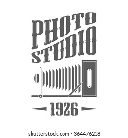 Retro style logotype for photo studio. Photography badge, label on white background. Great for business design of photo studio. Vintage vector illustration with old photo camera and typographic text.