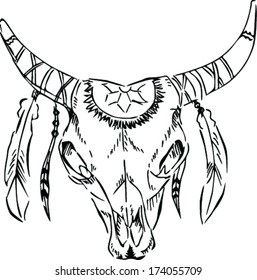 Retro style longhorn skull,doodle illustration