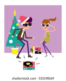 Retro style love Couple dancing twist at christmas party. Vector illustration.