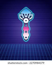 Retro style Magic wand icon isolated futuristic landscape background. Star shape magic accessory. Magical power. 80s fashion party. Vector