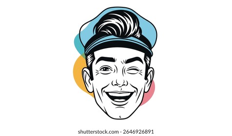 Estilo retrô Homem Piscando e sorrindo Vestindo um tampão com círculos coloridos Fundo