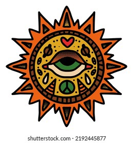 Retro style mandala line art with 70s vibes. Spiritual sun with the third eye in the middle, signs of peace, love, tears, Saturn planets. Concept T-shirt print vector outline illustration.