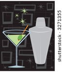 Retro style martini with shaker over groovy retro background. All elements can be used together or separately, fully editable vector illustration.