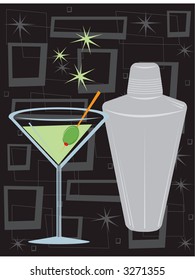 Retro style martini with shaker over groovy retro background. All elements can be used together or separately, fully editable vector illustration.