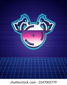 Retro style Medieval shield with crossed axes icon isolated futuristic landscape background. Battle axe, executioner axe. 80s fashion party. Vector