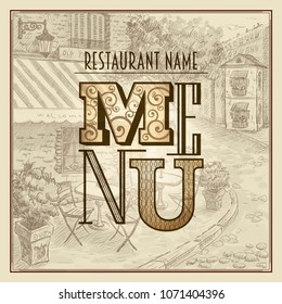 Retro style menu cover design with old town cafe on a backdrop, vector illustration