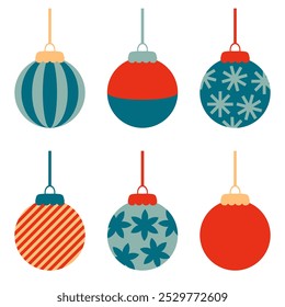 Retro style Merry Christmas balls ornament clipart collection. Perfect for banner, flyer, label, postcard, sale, stickers. Isolated vector illustration.
